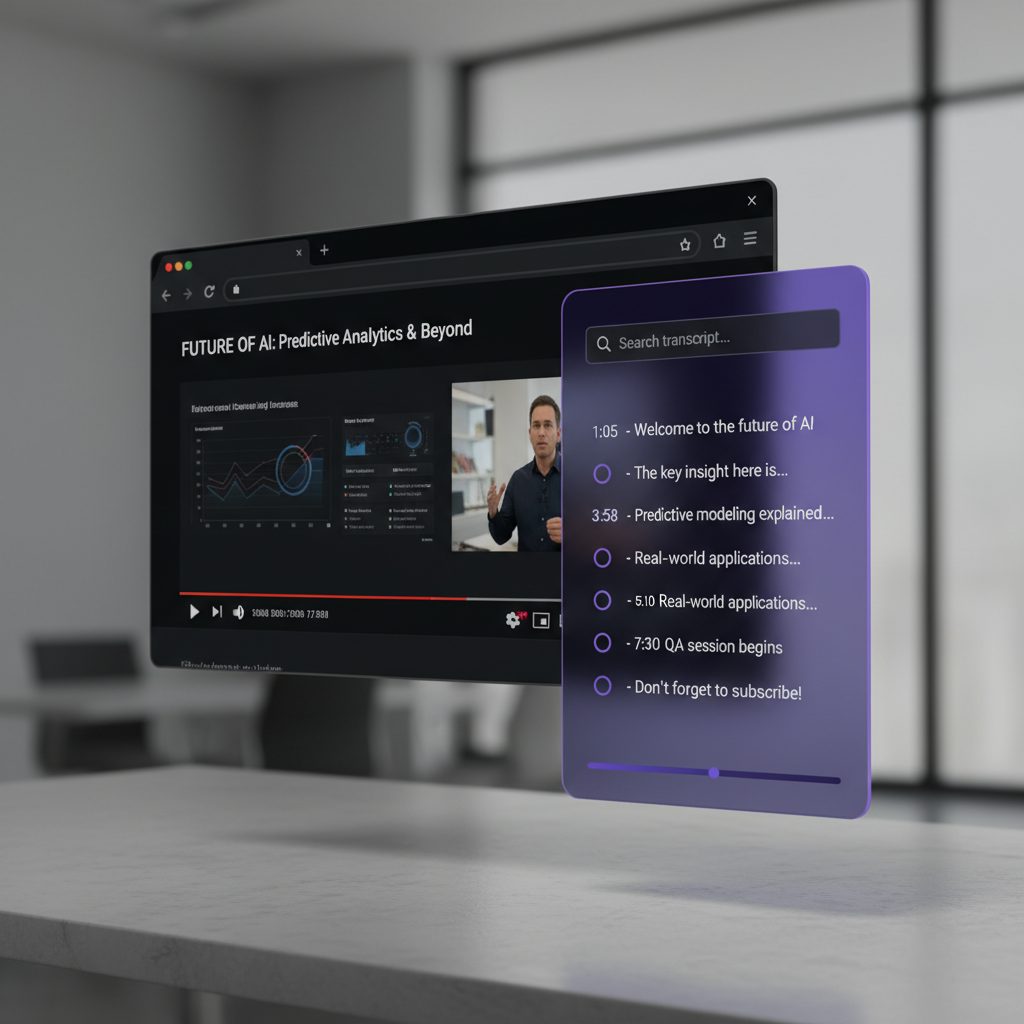 SkipVid Chrome extension showing the transcript search panel alongside a YouTube video, with auto-skip controls visible